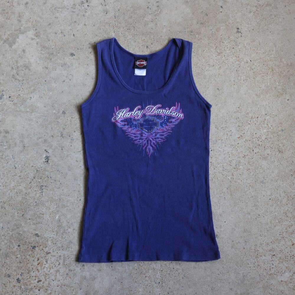 Vintage y2k Harley-Davidson Purple Ribbed Tank Rhinestone Flame Women's Large